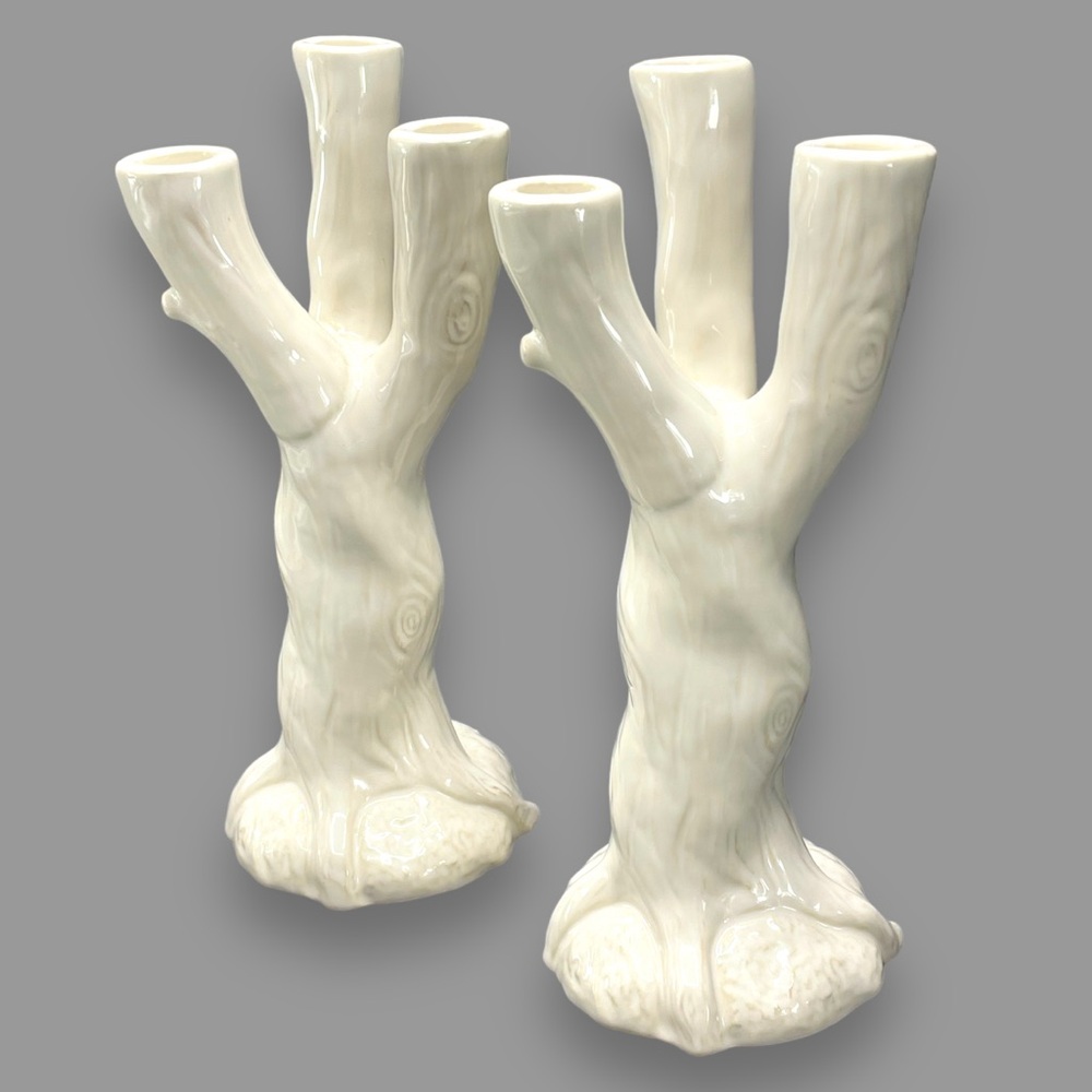 Roscher Set of 2 Nature's Nest White Stoneware Candle Holders Cottagecore 11"